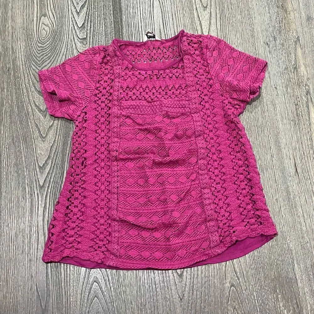 Lucky Brand Top Crochet Short Sleeve Crewneck Bohemian Magenta Pink XS